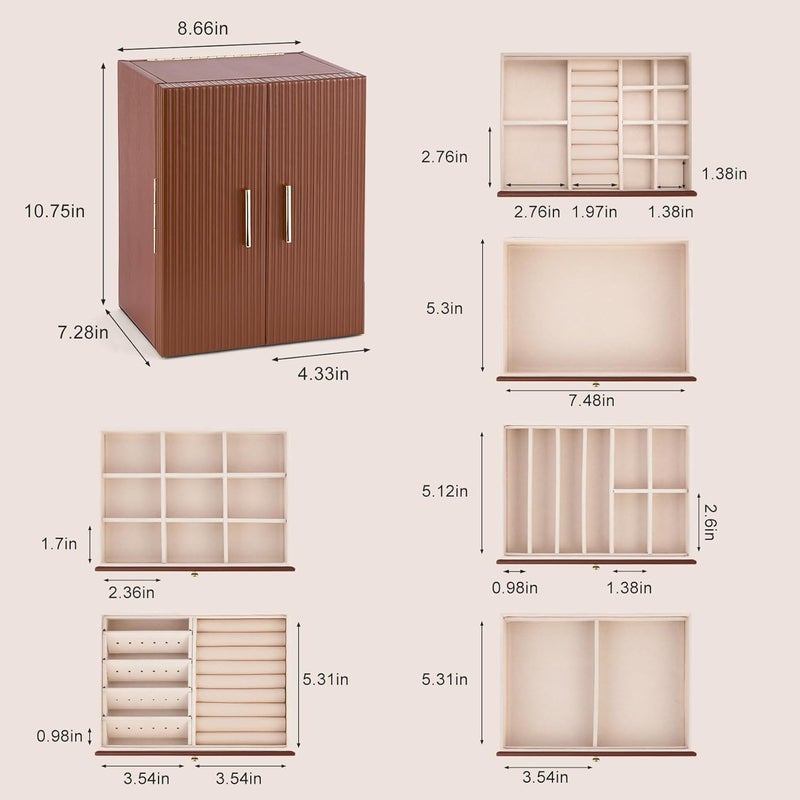 Dajasan Large Jewelry Organizer Box, Jewelry Boxes for Women Girls, 6-Tier Jewelry Storage Organizer with Mirror for Necklace Ring Bracelet Watch, Gift Idea (Brown) - Image 3